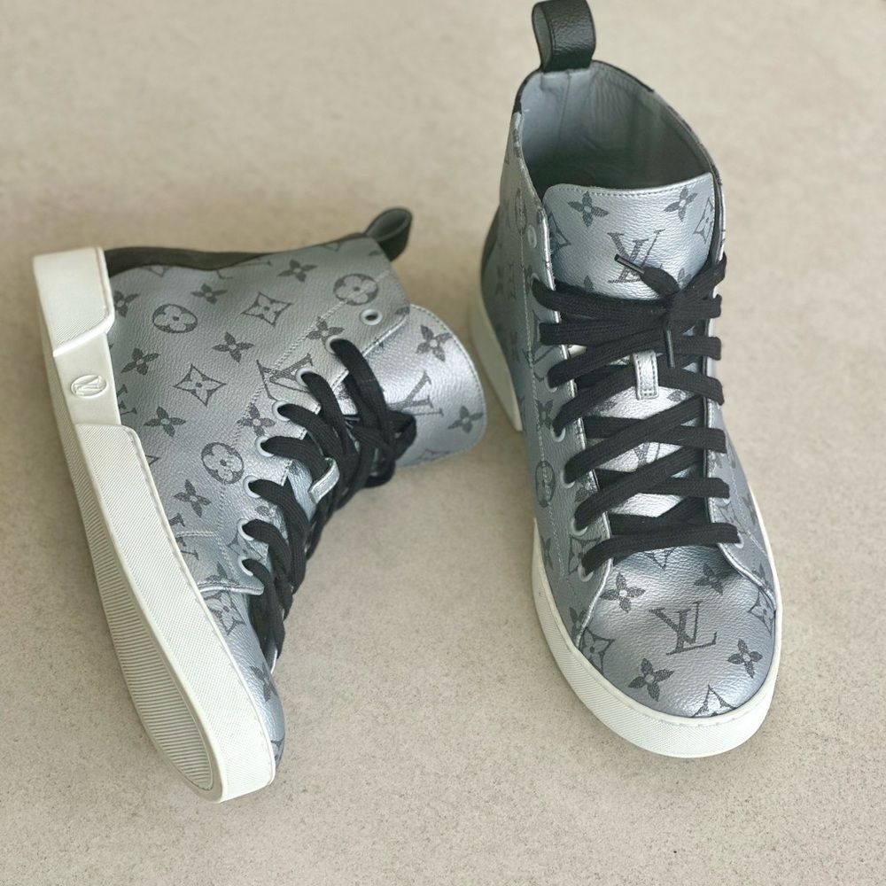 Louis Vuitton Monogram Match Up High Top Trainers Silver/ Gray Canvas Sz US 7.5